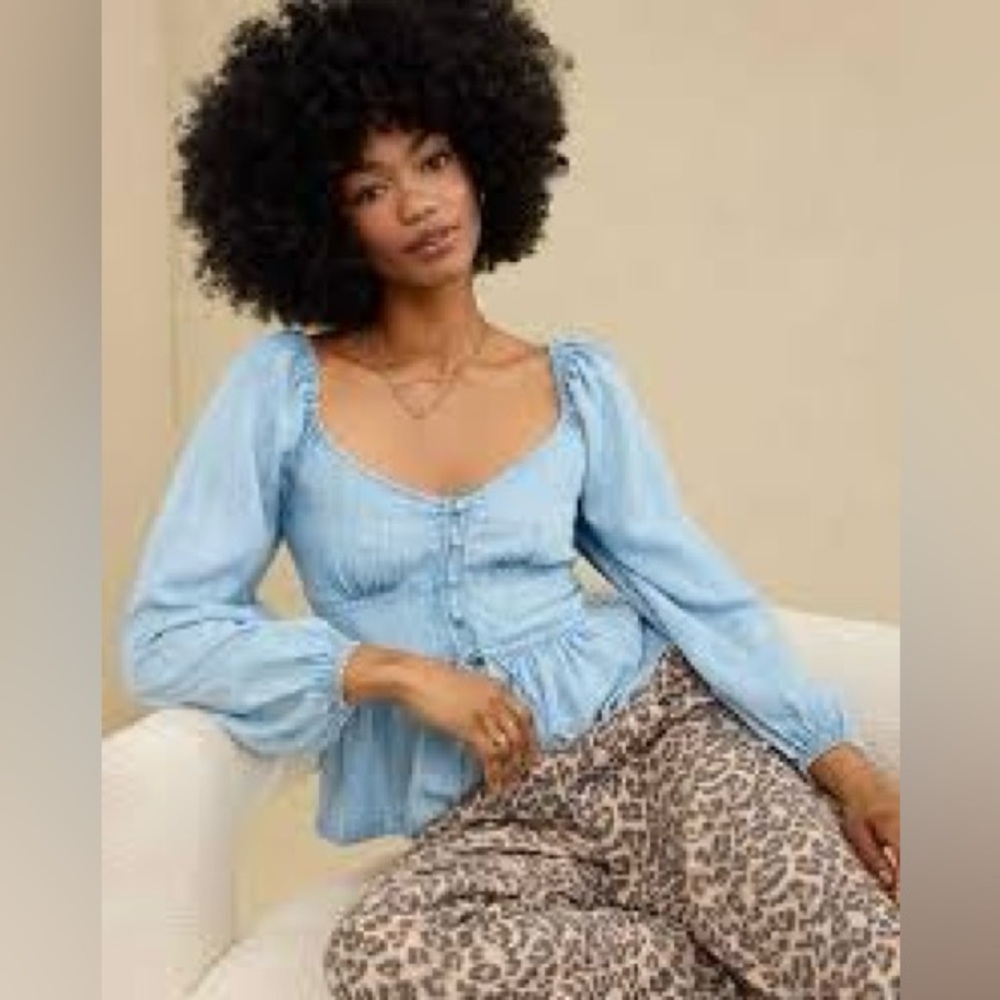 Aerie Puff Sleeve Cropped Chambray Peplum Peasant Blouse Top Medium nwt